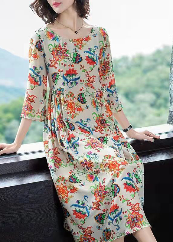 Chiffon Floral Print Round Neck Three Quarter A-Line Midi Dress