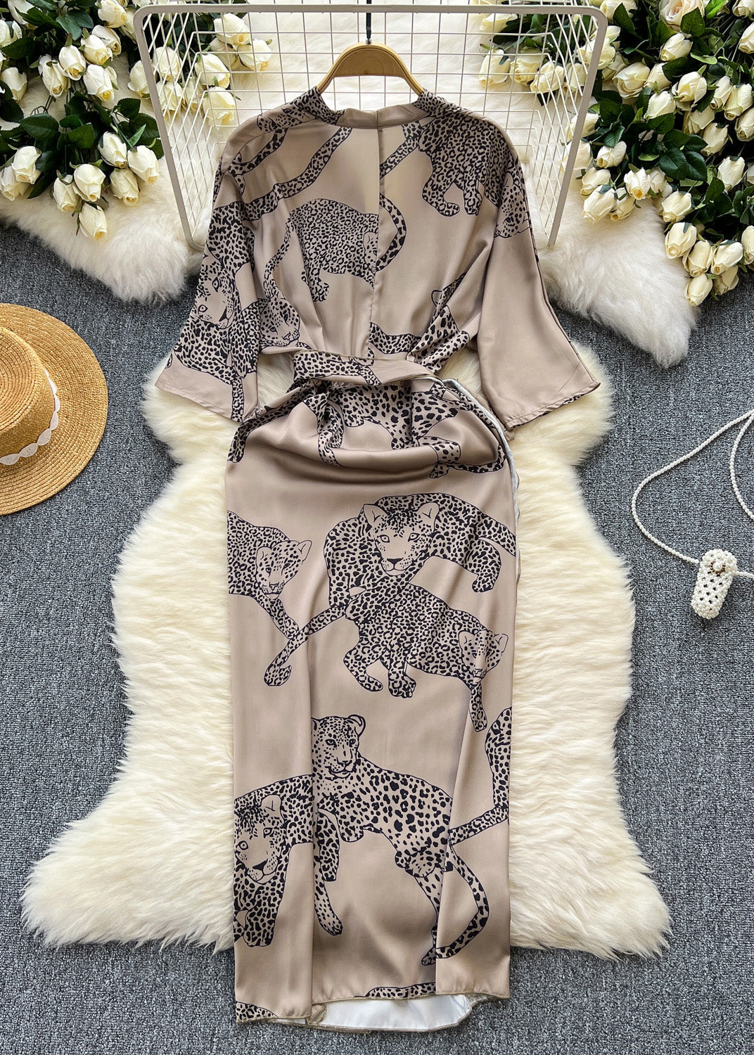 Animal Print Wrap Deep V-Neck Three Quarter Sleeve Midi Dress - View 2