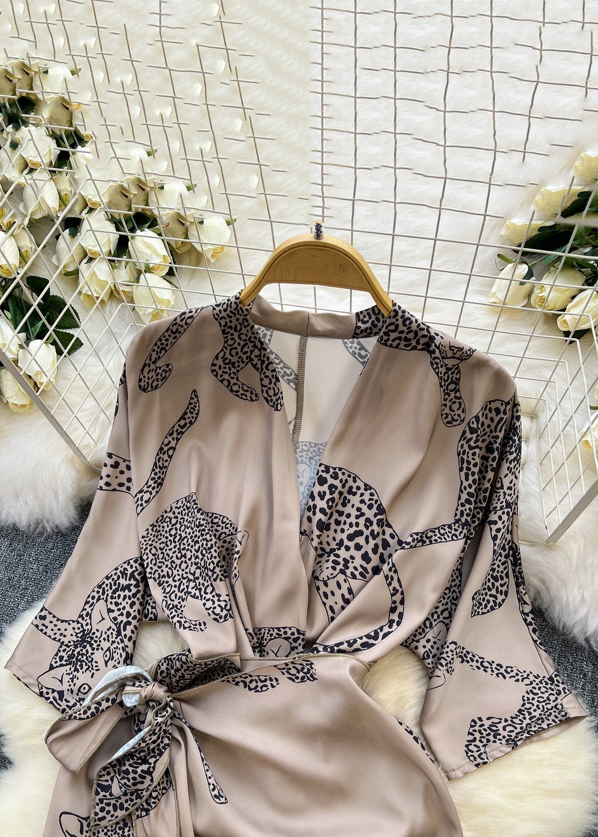 Animal Print Wrap Deep V-Neck Three Quarter Sleeve Midi Dress - View 3