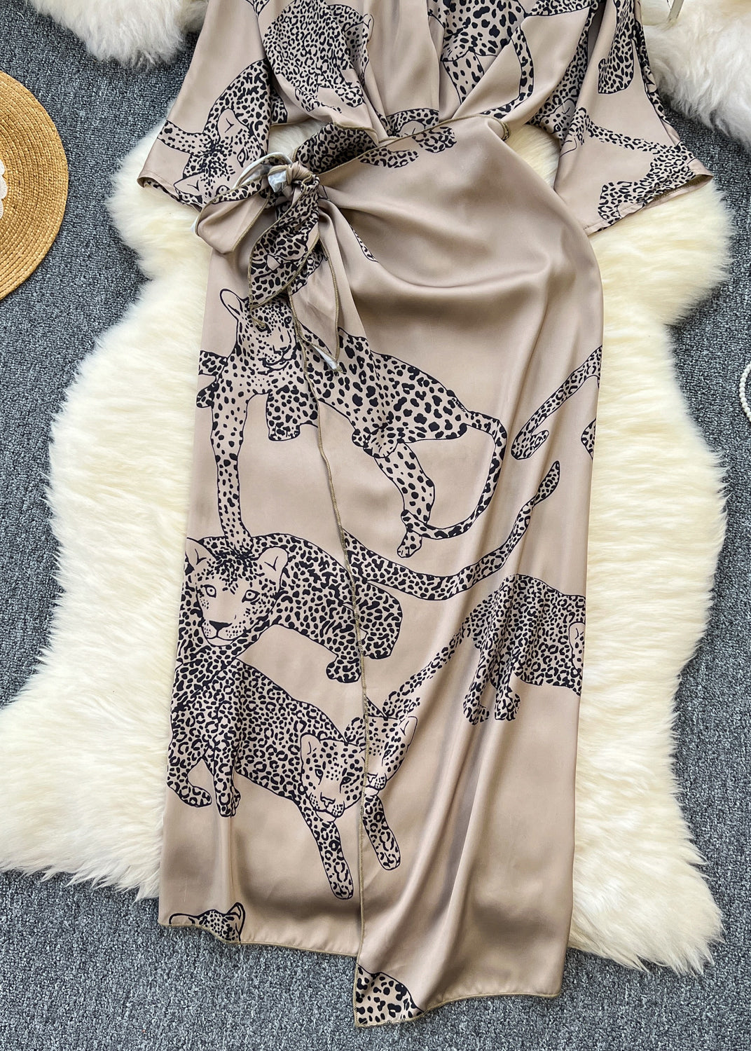 Animal Print Wrap Deep V-Neck Three Quarter Sleeve Midi Dress - View 4
