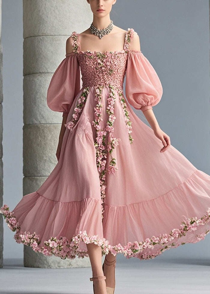 Off Shoulder Puff Sleeve Chiffon 3D Floral Midi Dress