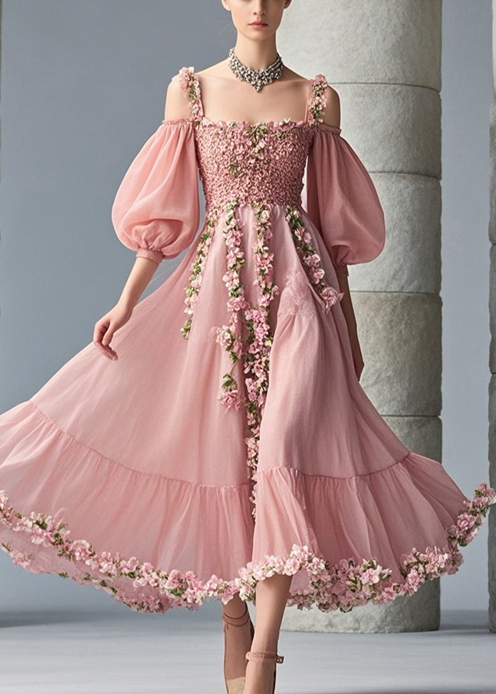 Off Shoulder Puff Sleeve Chiffon 3D Floral Midi Dress - View 3