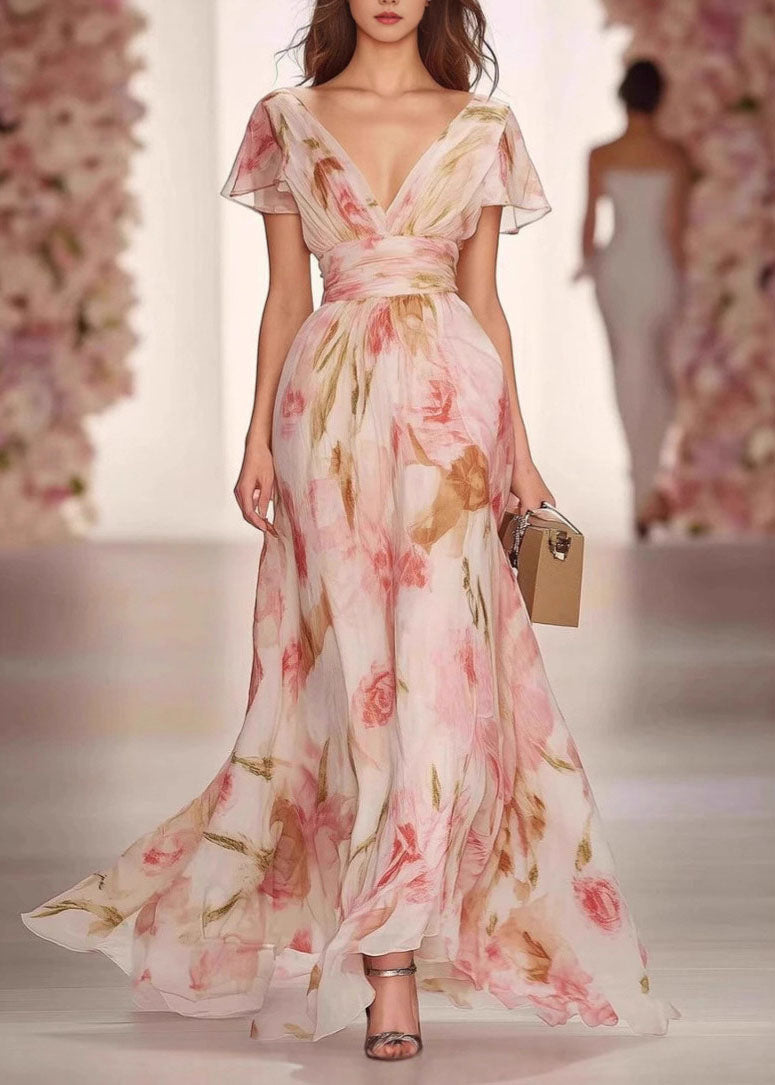 French Pink V Neck Print Chiffon Maxi Dresses Summer