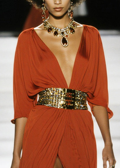 Deep V-Neck Three Quarter Sleeve Embellished Belt Maxi Gown - View 2