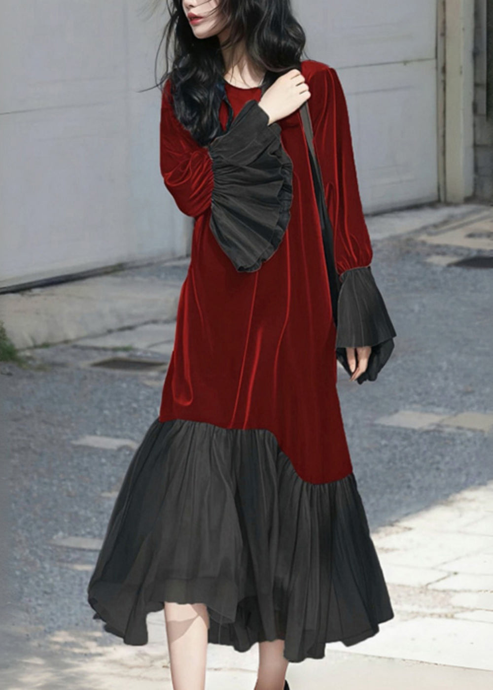 Velvet Round Neck Long Sleeve Chiffon Ruffle Cuff Hem Midi Dress - View 3