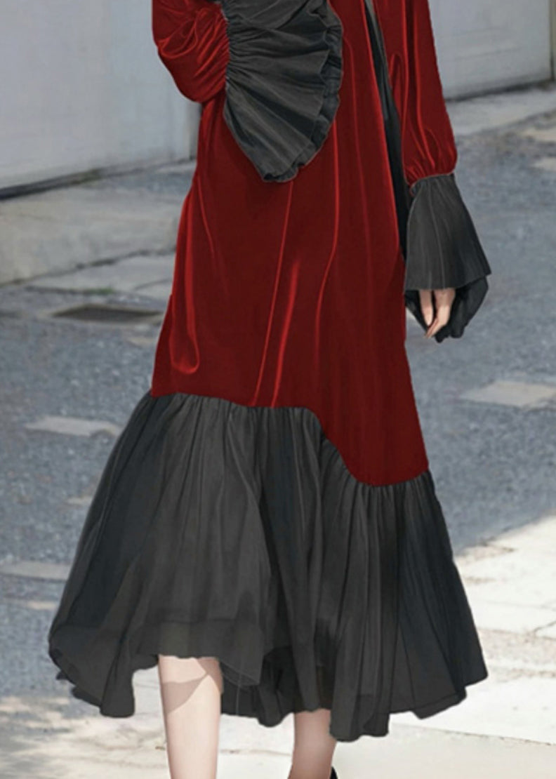 Velvet Round Neck Long Sleeve Chiffon Ruffle Cuff Hem Midi Dress - View 4