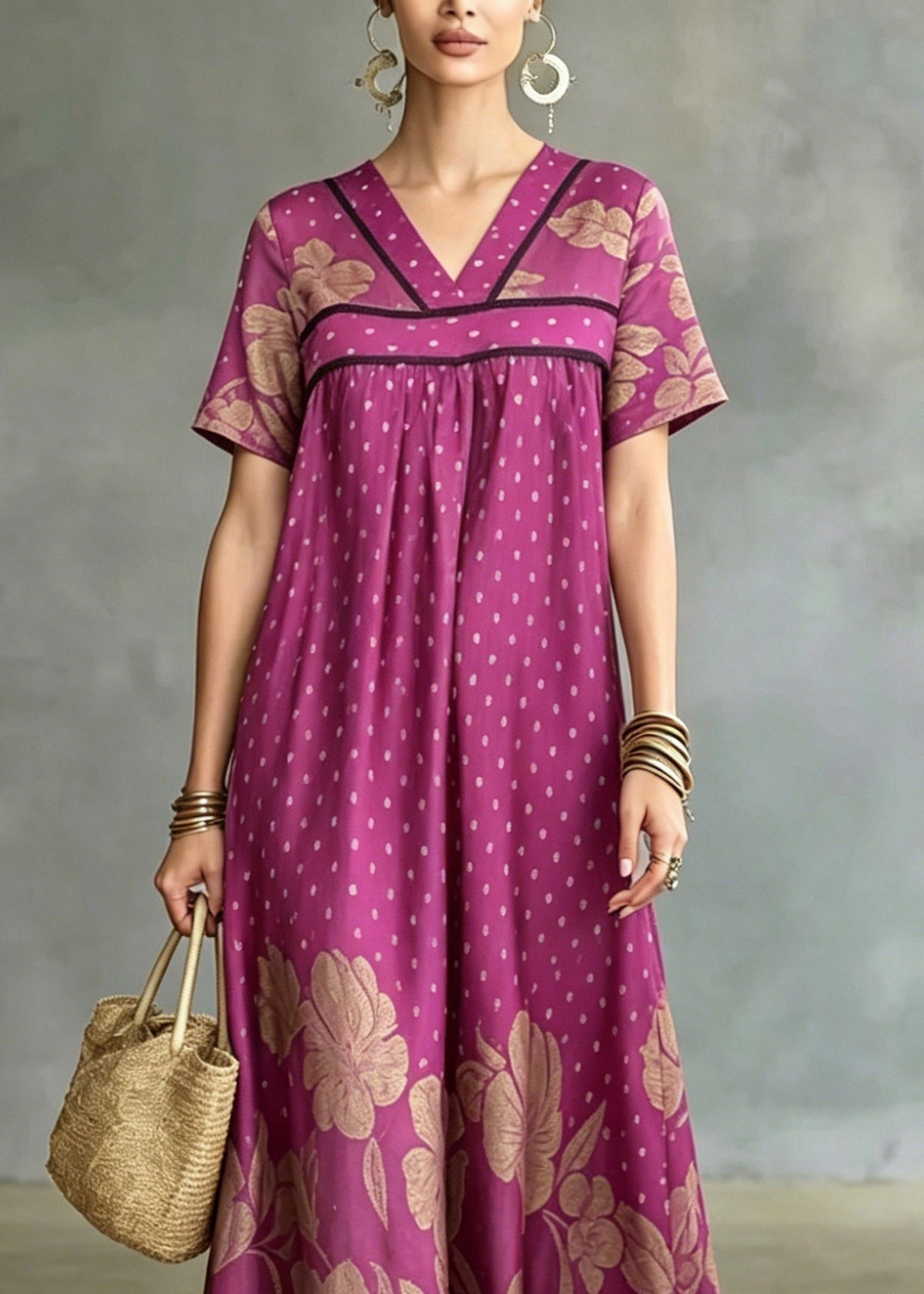 Polka Dot and Floral Print Empire Waist Short Sleeve Maxi Dress - View 2