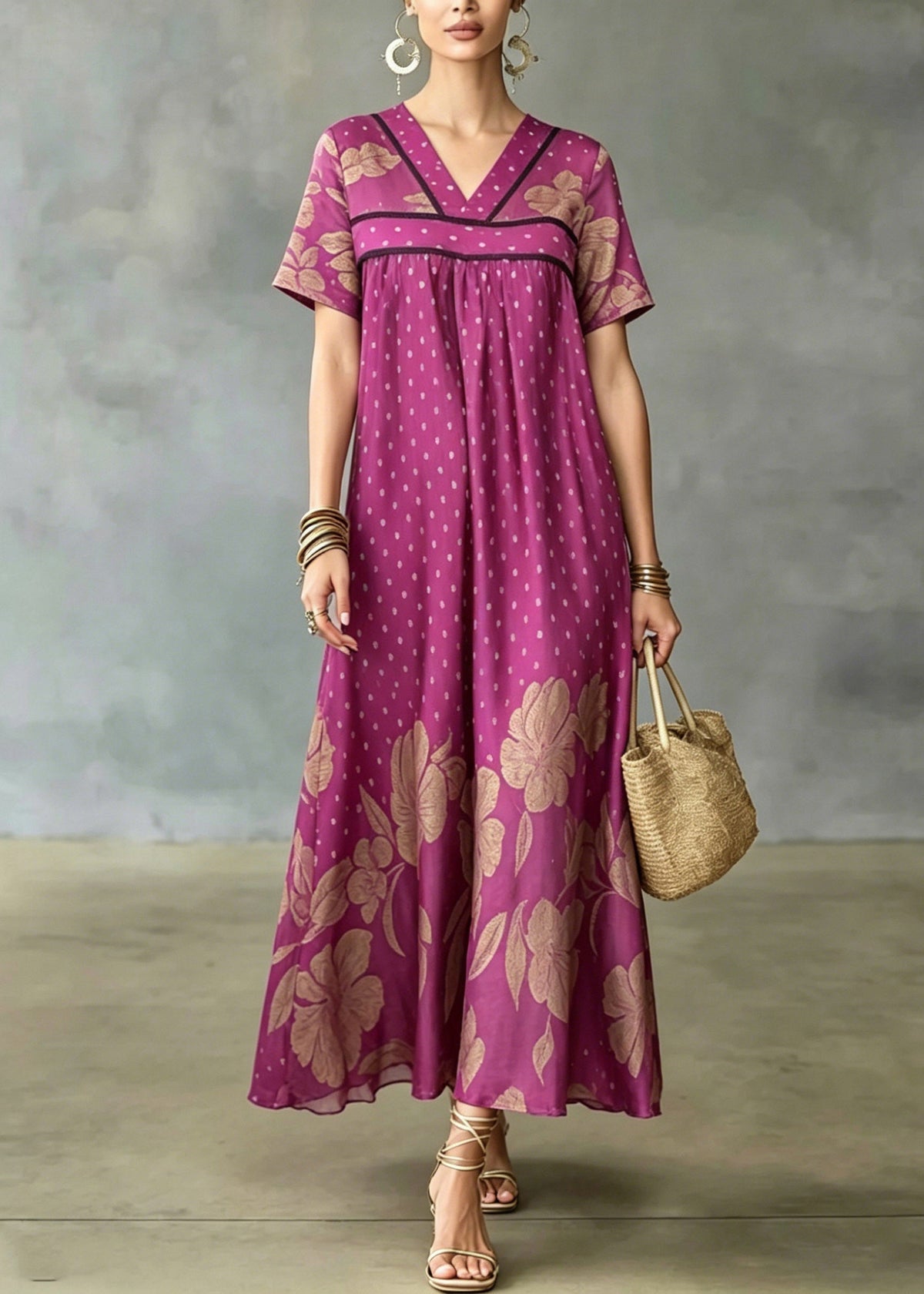 Polka Dot and Floral Print Empire Waist Short Sleeve Maxi Dress - View 3