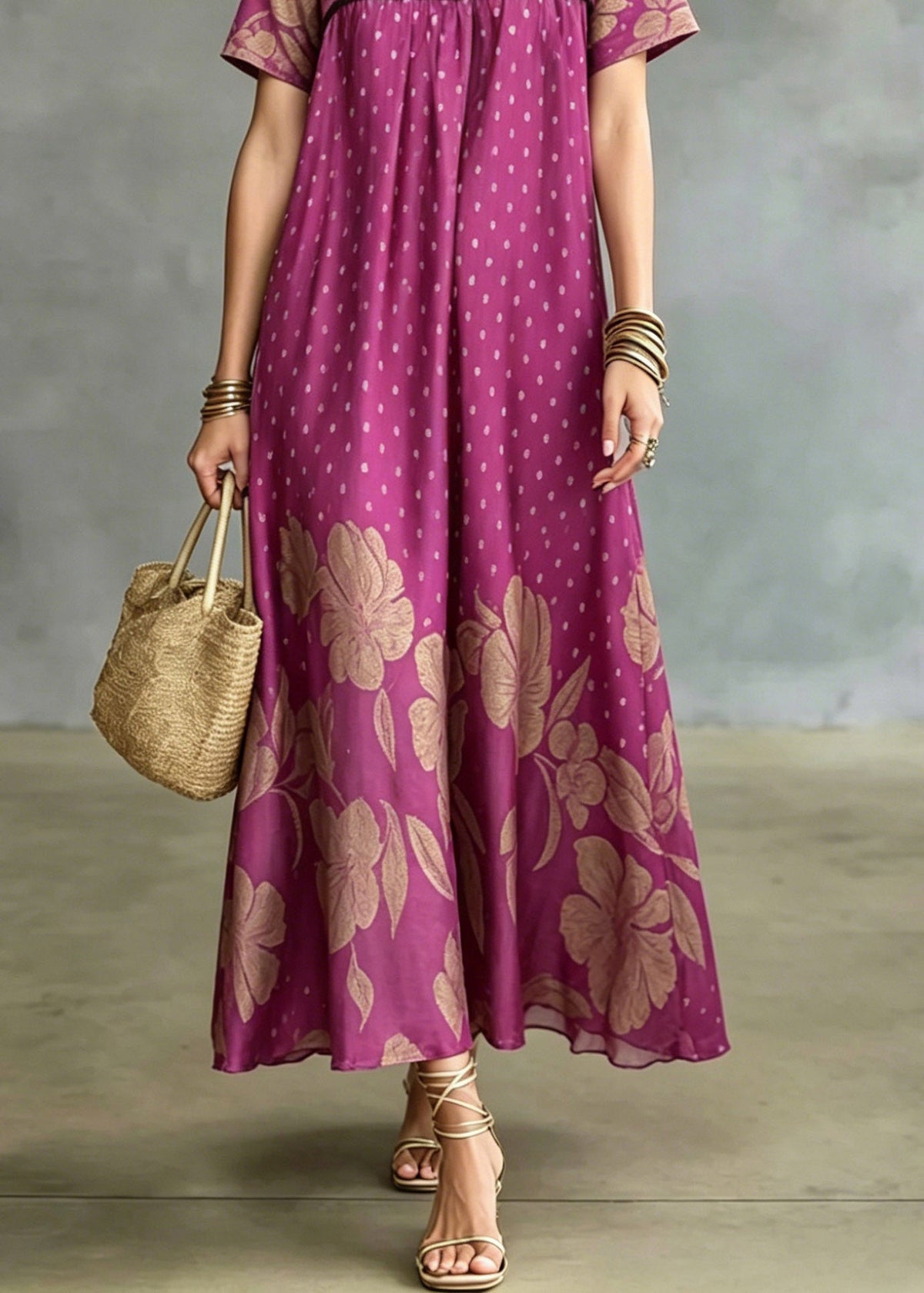 Polka Dot and Floral Print Empire Waist Short Sleeve Maxi Dress - View 4