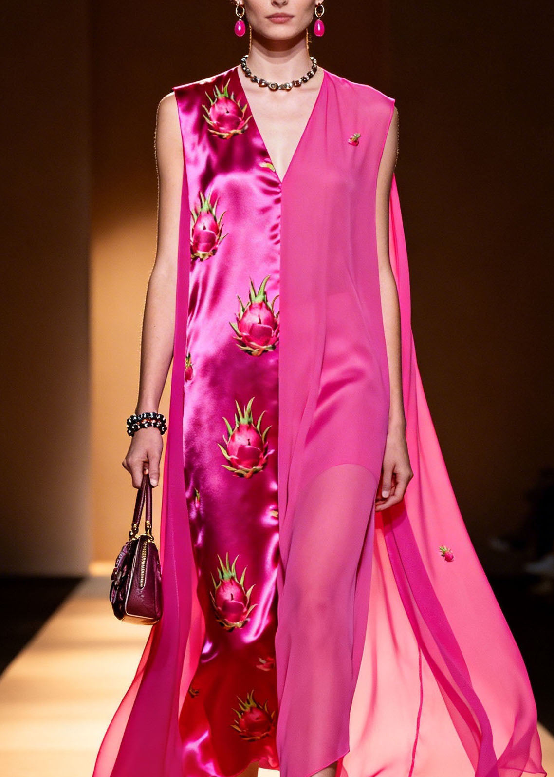 Satin Sleeveless V-Neck Cape Panel Dragon Fruit Print Maxi Gown - View 2