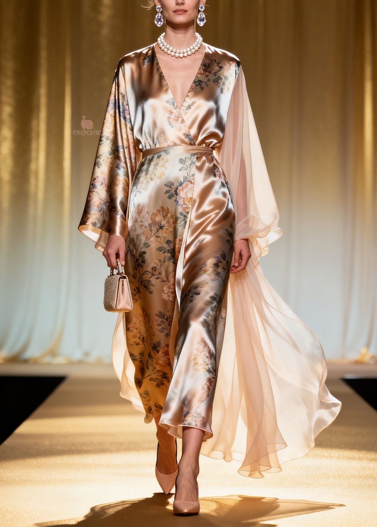 Floral Print Wrap V-Neck Sleeve Sheer Train Cape Maxi Gown