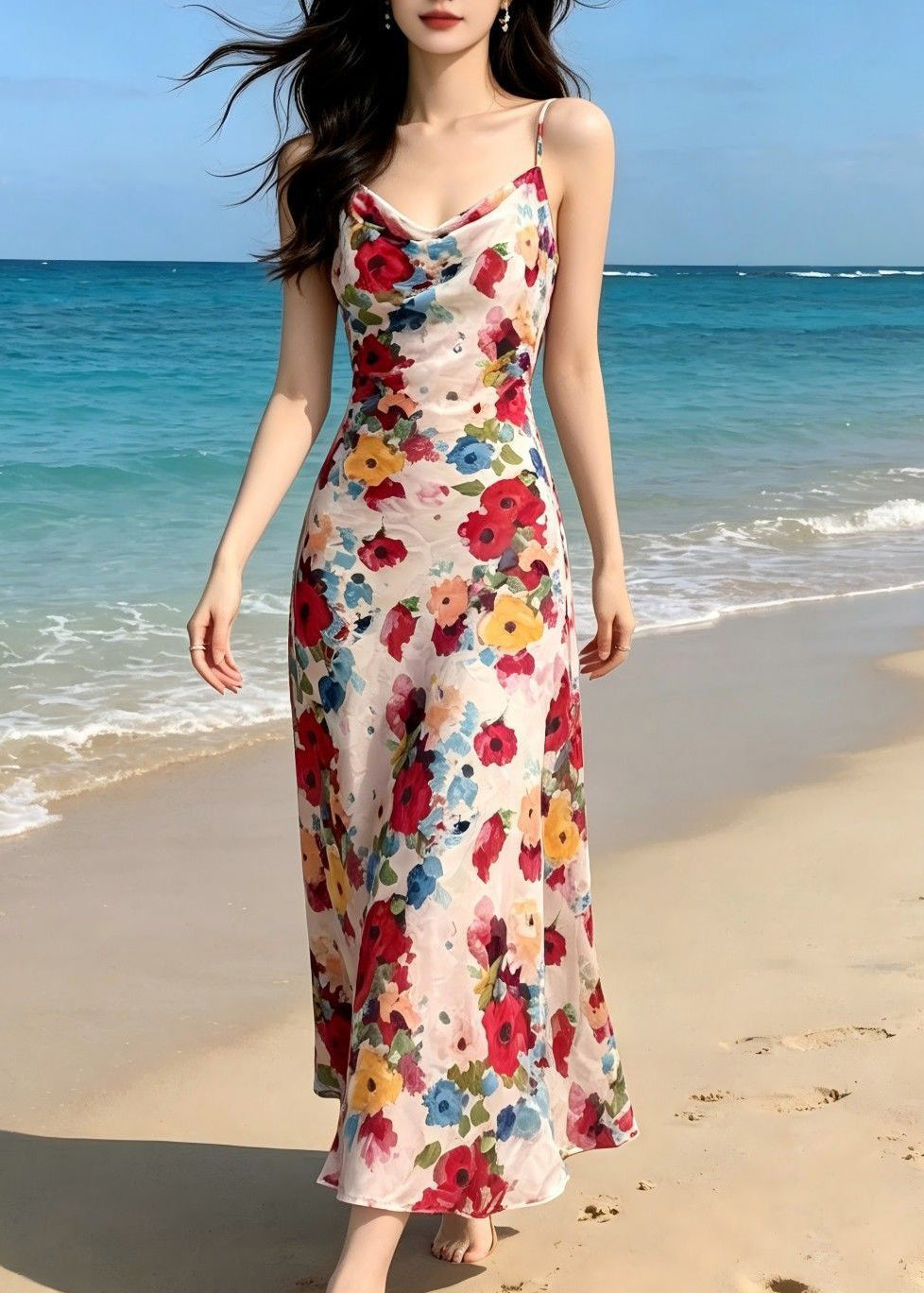 Satin Floral Print Cowl Neck Spaghetti Strap Slip Maxi Dress