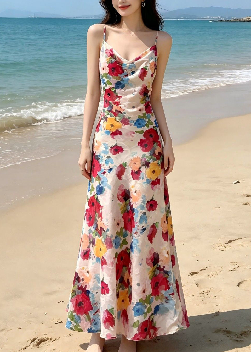 Satin Floral Print Cowl Neck Spaghetti Strap Slip Maxi Dress - View 3