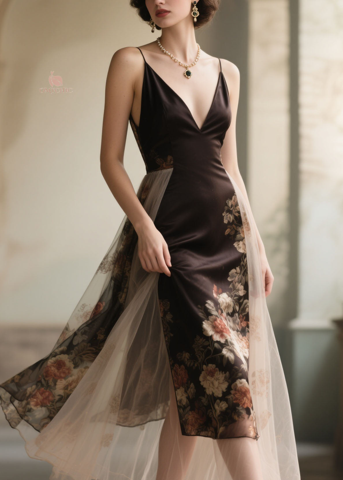Satin Floral Spaghetti Strap V-Neck Tulle Overlay Midi Dress - View 2