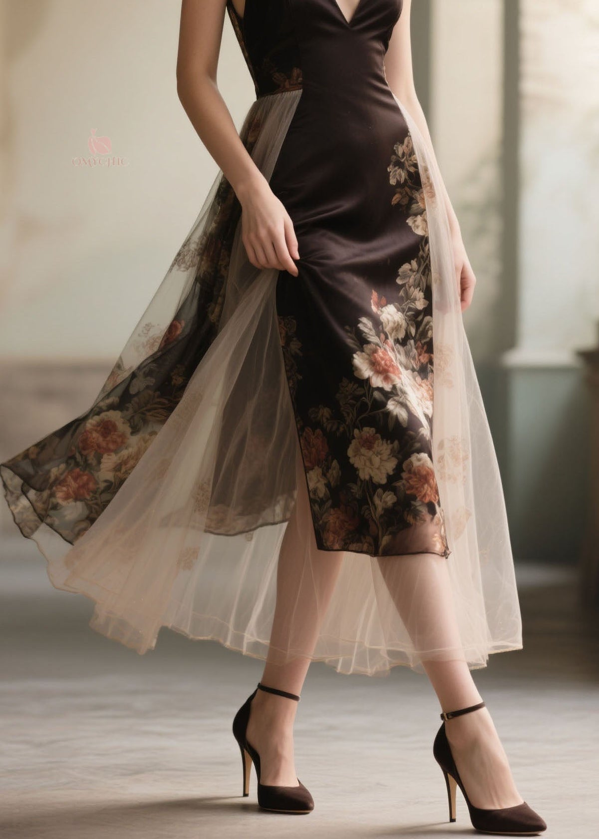Satin Floral Spaghetti Strap V-Neck Tulle Overlay Midi Dress - View 4