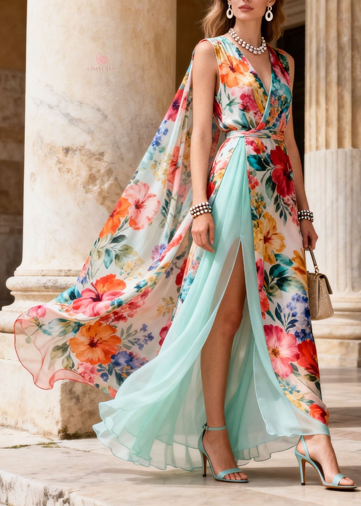 Hibiscus Floral Print Deep V-Neck Wrap Tie Belt Cape Maxi Gown - View 3