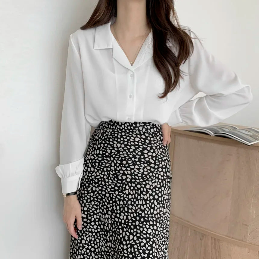 Thin Solid Color Long Sleeve Turn Down Collar Blouse