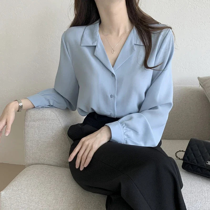 Thin Solid Color Long Sleeve Turn Down Collar Blouse