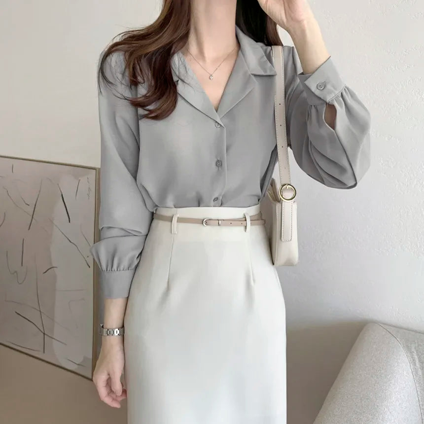 Thin Solid Color Long Sleeve Turn Down Collar Blouse