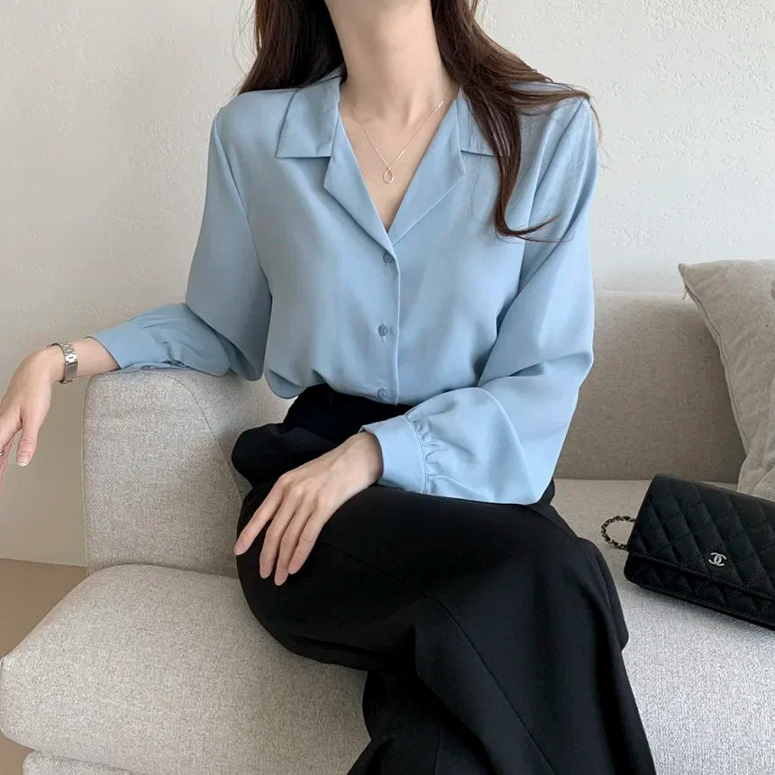 Thin Solid Color Long Sleeve Turn Down Collar Blouse