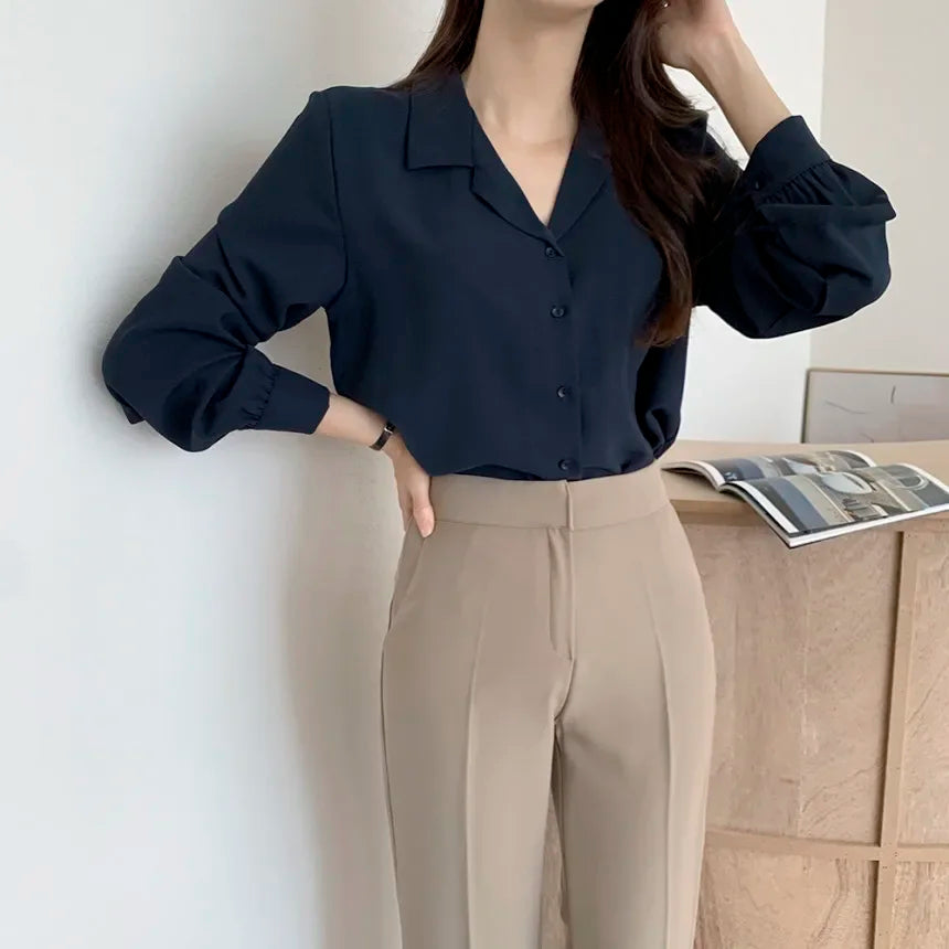 Thin Solid Color Long Sleeve Turn Down Collar Blouse