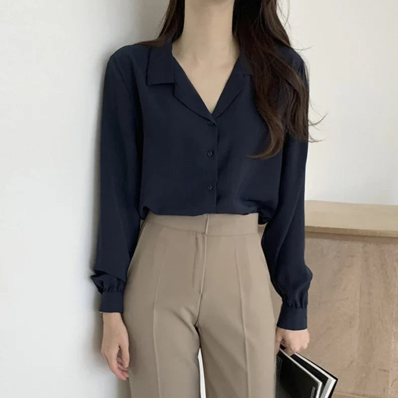 Thin Solid Color Long Sleeve Turn Down Collar Blouse