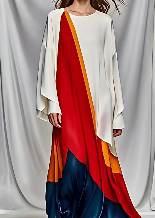 French White Asymmetrical Design Patchwork Silk Maxi Dresses Long Sleeve - View 3