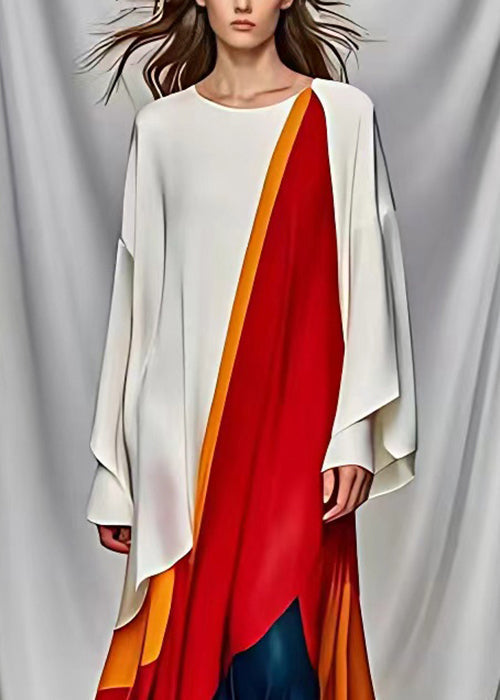 French White Asymmetrical Design Patchwork Silk Maxi Dresses Long Sleeve - View 4