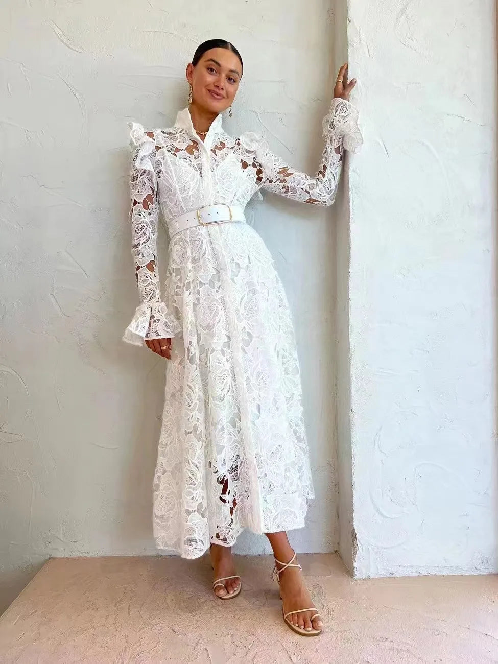 Lace Ruffle Shoulder Button Front Belted Long Sleeve Midi Dress