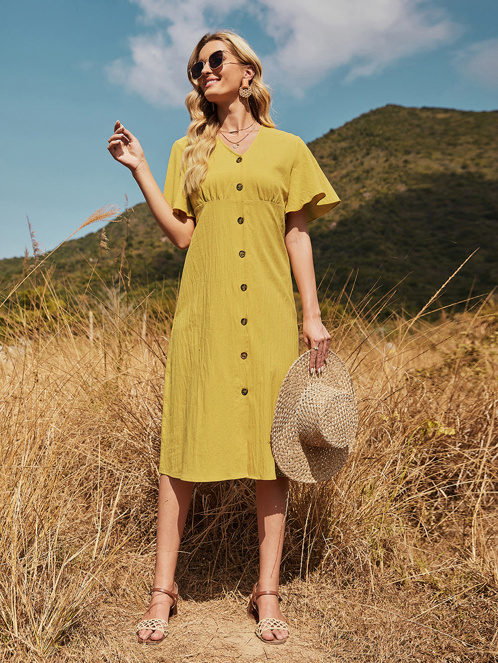 KittenAlarm - Fresh and Casual Lotus Leaf Sleeve Yellow Dress