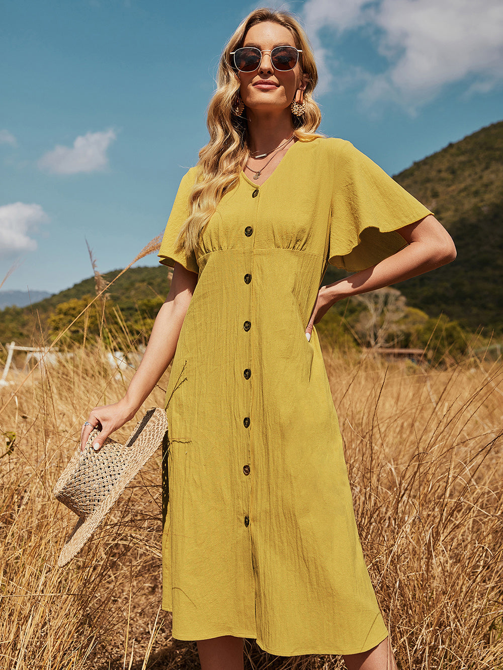KittenAlarm - Fresh and Casual Lotus Leaf Sleeve Yellow Dress