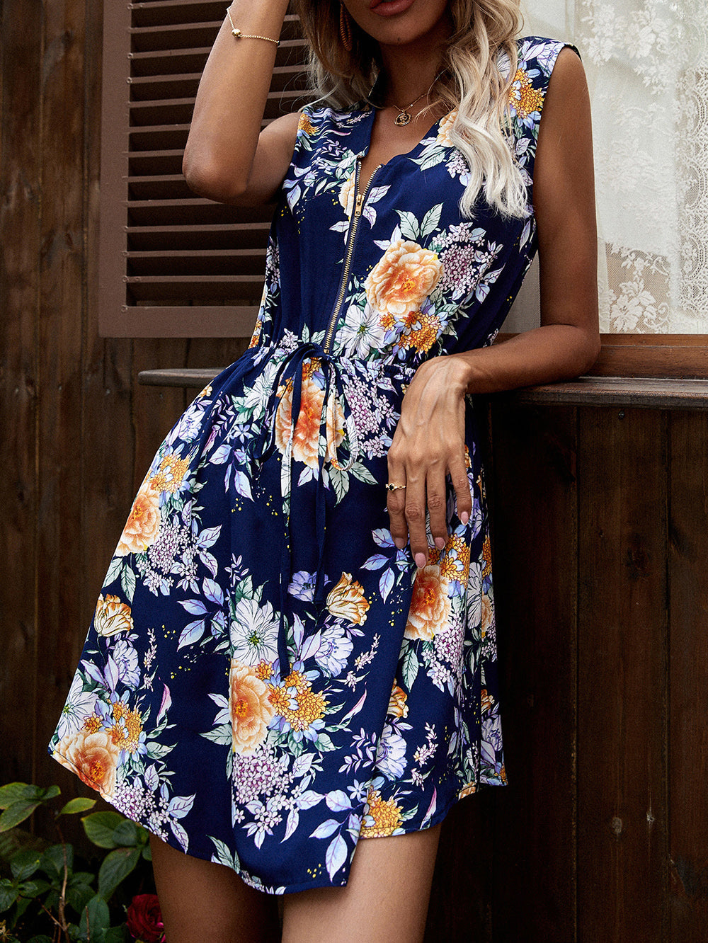 Floral Print V-Neck Sleeveless Zip Front Mini Dress