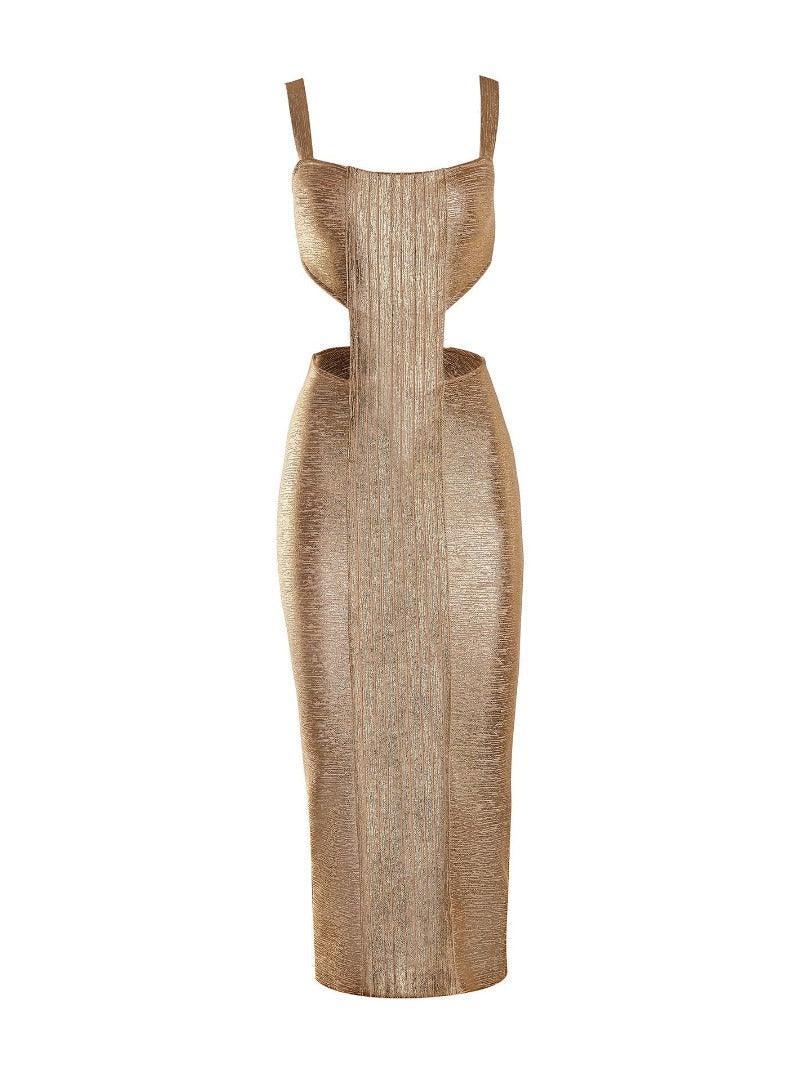 Metallic Scoop Neck Cut Out Bandage Fishtail Midi Dress - View 8