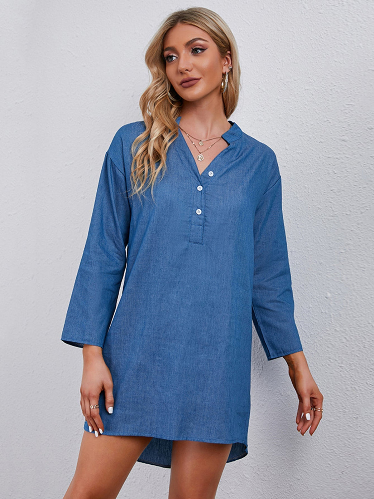 Denim Collared Long Sleeve Button Shirt Dress