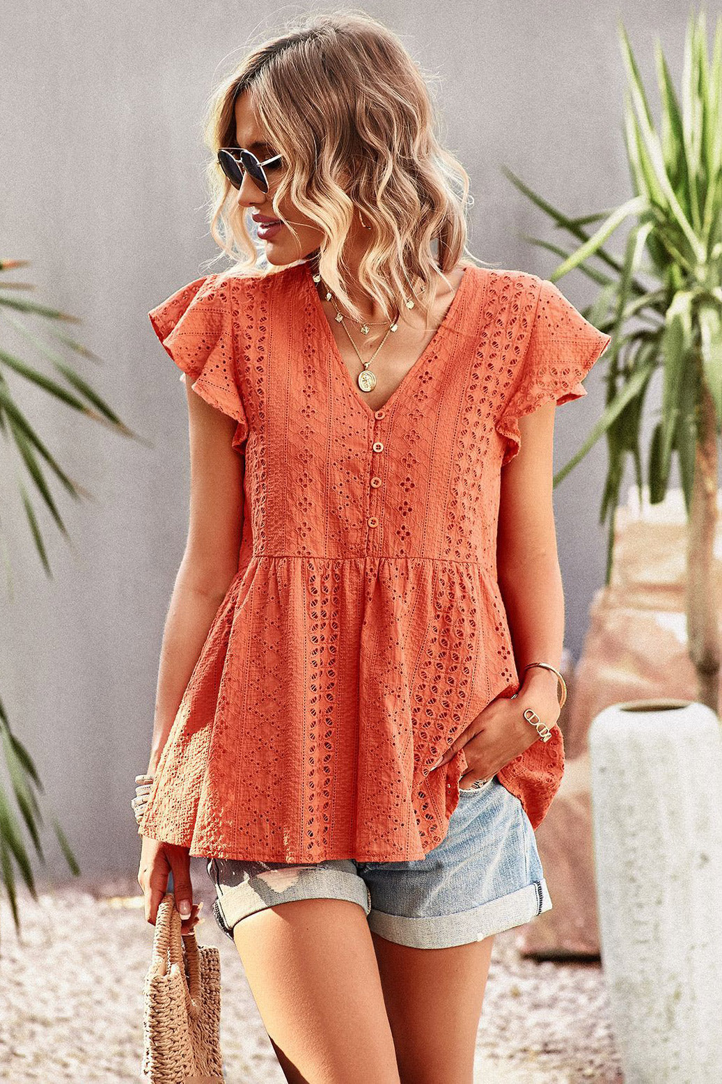 Fuchsia Cap Sleeves Lace V-Neck Blouse  Fashionpara