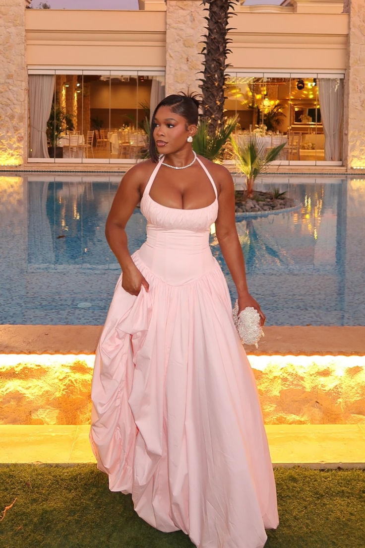 Classy Halter Pink Satin Pleated Long Evening Dress Formal Wedding Guest Dress D1606