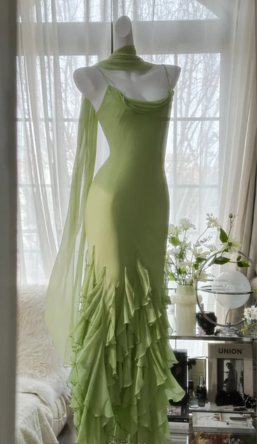 Beautiful Green Spaghetti Straps Chiffon Ruffles Mermaid Long Party Dress Birthday Prom Dresses D1791