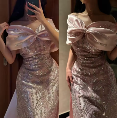 Pretty Pink Off The Shoulder Satin Beaded Long Prom Dress Birthday Party Gown D1206