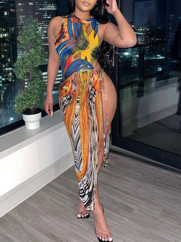 Printed Side-Slit Tied Dress  Fashionpara