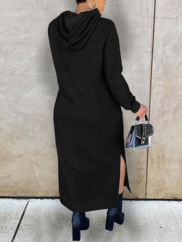Solid Slit Hoodie Dress  Fashionpara