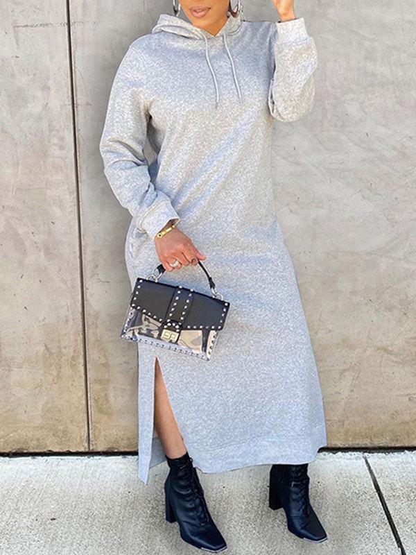 Solid Slit Hoodie Dress  Fashionpara