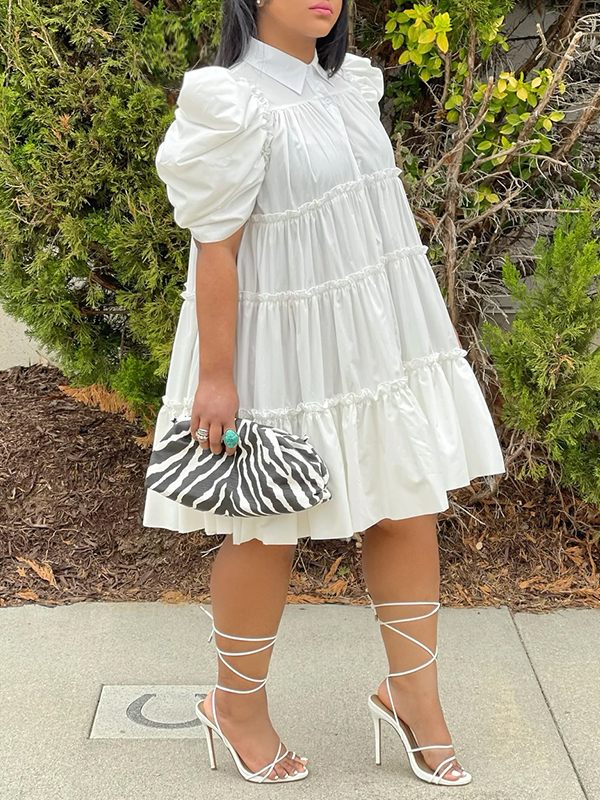 Puff-Sleeve Ruffle Dress - Fashionpara