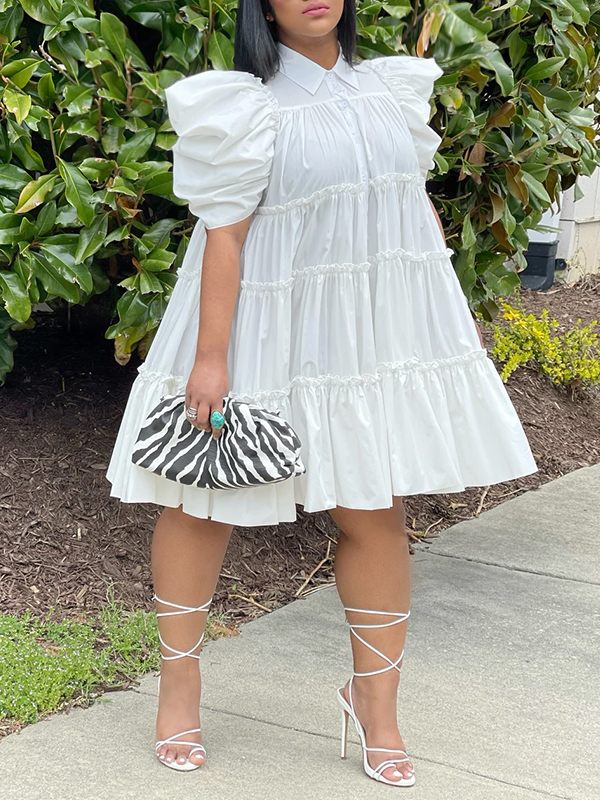 Puff-Sleeve Ruffle Dress - Fashionpara
