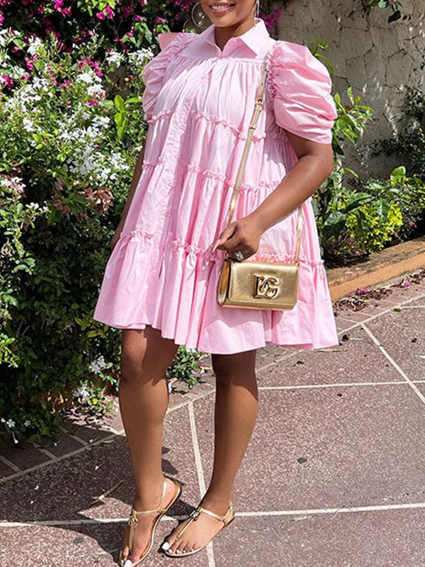 Puff-Sleeve Ruffle Dress - Fashionpara