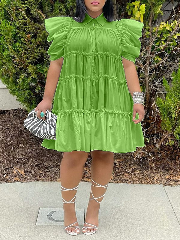Puff-Sleeve Ruffle Dress - Fashionpara