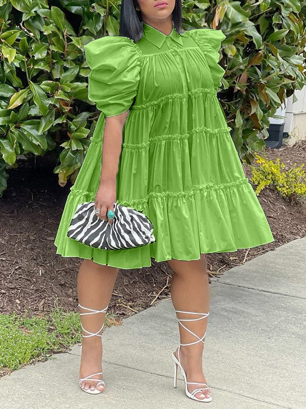 Puff-Sleeve Ruffle Dress - Fashionpara