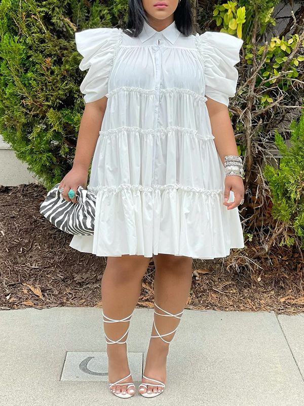 Puff-Sleeve Ruffle Dress - Fashionpara
