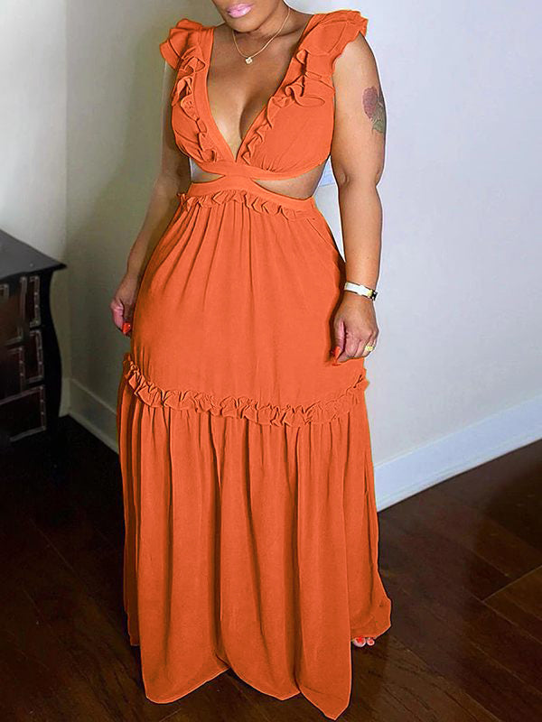 Frilled V-Neck Maxi Dress  Fashionpara