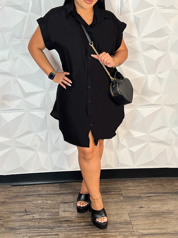 Solid Button-Front Shirt Dress  Fashionpara