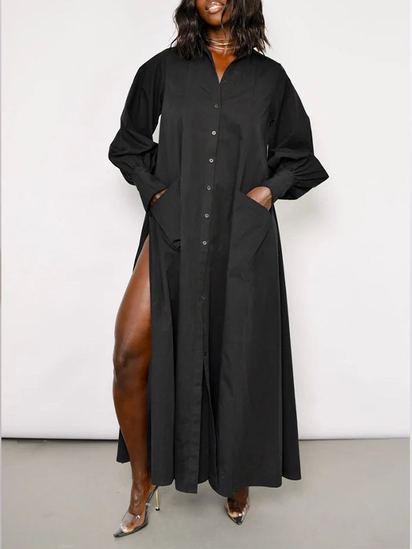 Solid Side-Slit Shirt Dress  Fashionpara